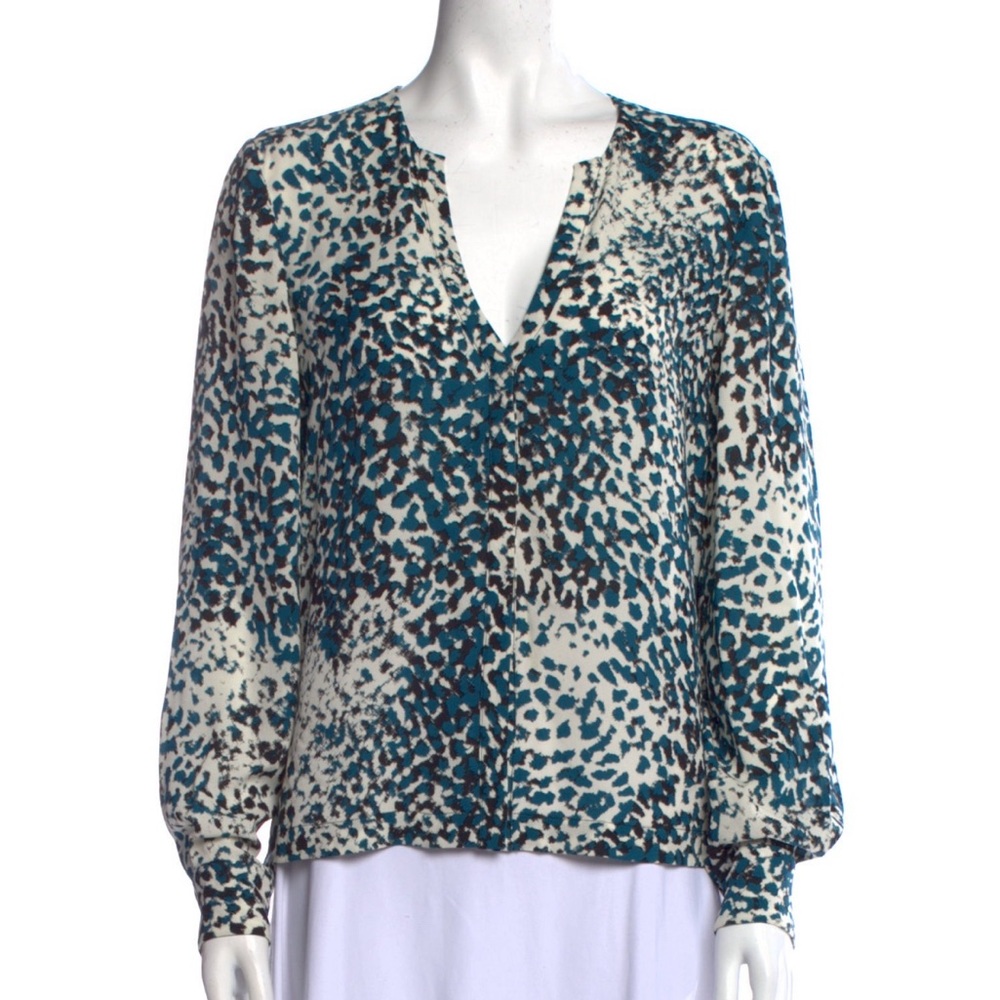 A.L.C. Teal/Black/White Leopard Print Concealed Button Down Long Sleeve Blouse